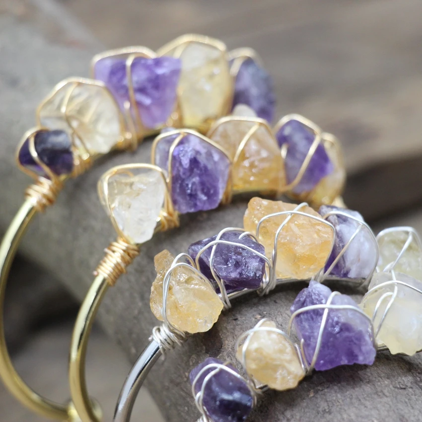 Raw Amethysts Citrines Quartz Nugget Beads Open Cuff Bangles Brass Wire Wrap Gems Crystal Fashion Women Bracelet Jewelry QC2023