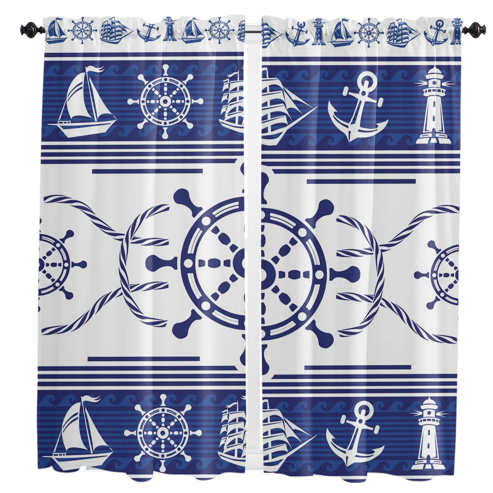 

Rudder Anchor Blue Stripes Curtain For Living Room Kids Bedroom Kitchen Window Curtains Home Essentials Interior Drapes