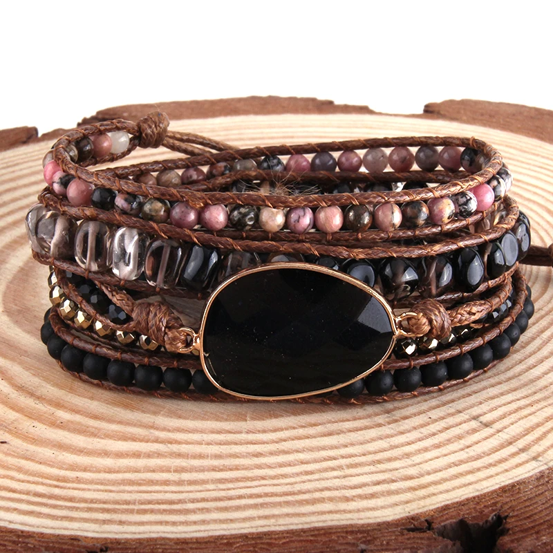 Fashion Boho Bracelet & Beaded Armbander Black Natural Stones Charm Woven Wrap Bracelets