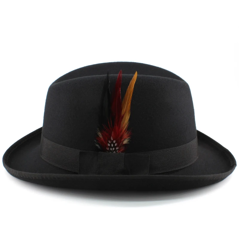 Men Women Wool Blend Classical Homburg Hats Feather Band Fedora Caps Trilby Sunhat Jazz Winter Adjustable Size M-L 7 1/8-7 3/8