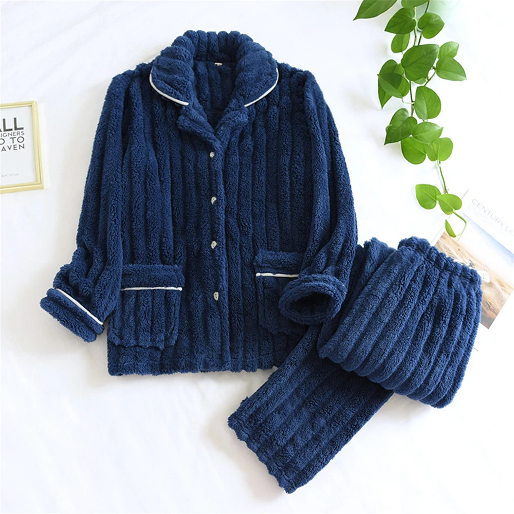 

2 Pieces/Set Thick Warm Flannel Men's Pajama Sets 2021 Winter New Sleepwear Suit Pyjamas Lounge Homewear Casual Home Clothes