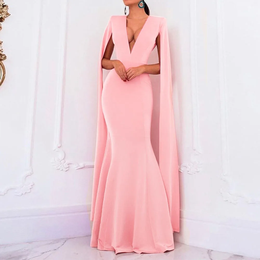 Abito da sera a sirena in raso rosa Vintage 2023 maniche a berretto con scollo a v abiti formali da ballo donna elegante Robe De Soiree Abendkleid