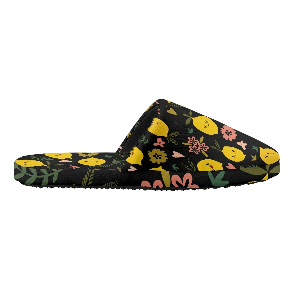 Noisydesigns Winter Warm Men Soft Bottom Plush Cotton Slippers Slip On Casual Lemon Printed Ladies House Flat Shoes Anti-slip