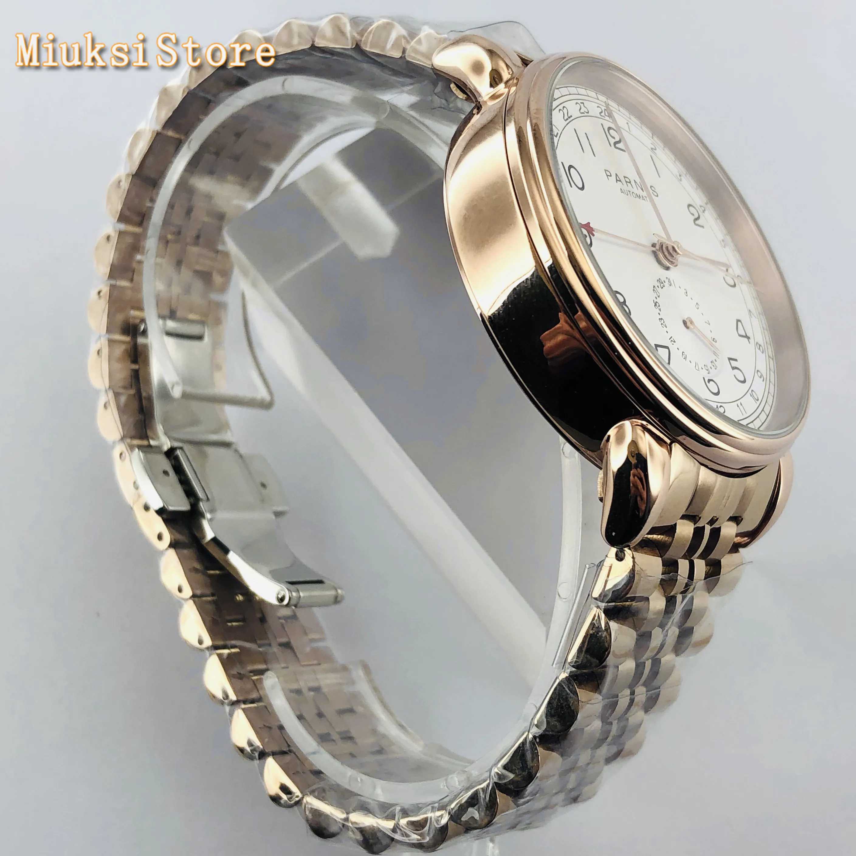 Parnis top mens automatic mechanical watch 42mm rose gold GMT arab mark date window Stainless steel strap mens watches