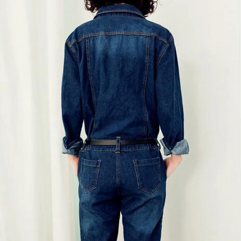 อังกฤษสไตล์ซาฟารีฤดูใบไม้ผลิฤดูใบไม้ร่วงแขนยาวผู้หญิง DENIM Jumpsuits VINTAGE หลวมยาวกางเกงหญิง Overalls สินค้า