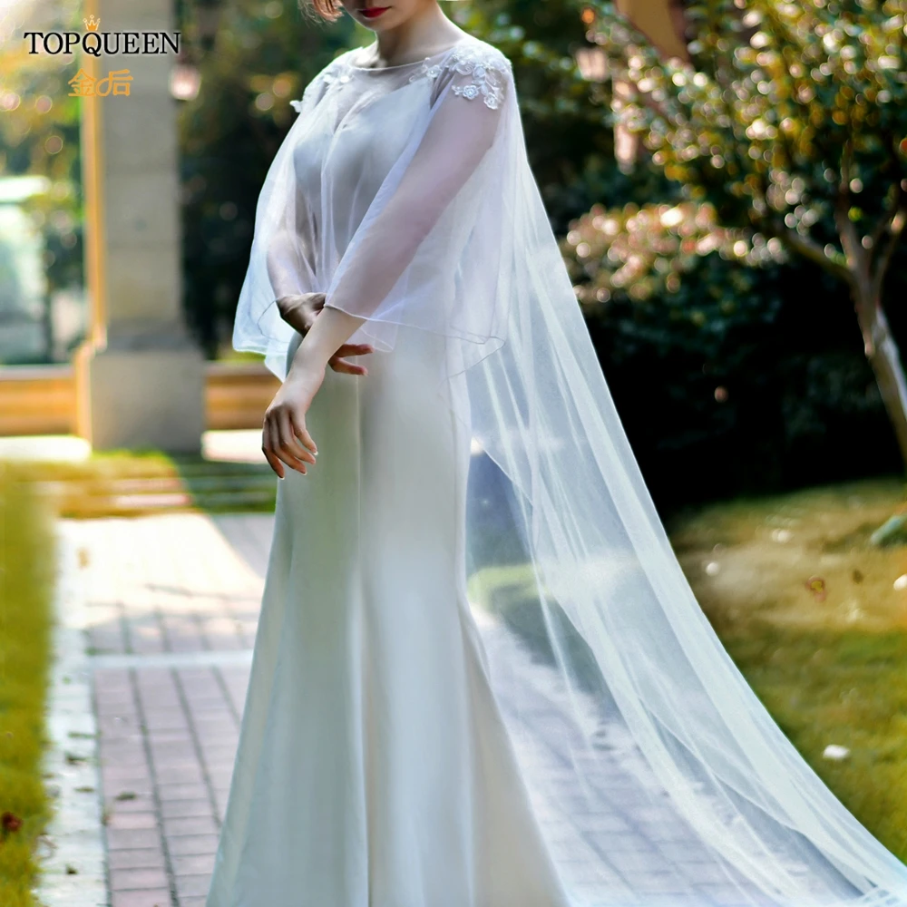 Toqueen G51 Jaket Bolero Jubah Pengantin untuk Pengantin Wanita Sederhana Panjang Selantai Kustom Selendang Romantis Pendek Depan dan Belakang Panjang