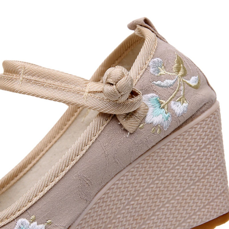 Floral Embroidered Women Spring Wedges Pumps Ladies Ethnic Canvas Mary Jane Dress Shoes Vintage Round Toe Espadrilles for Female