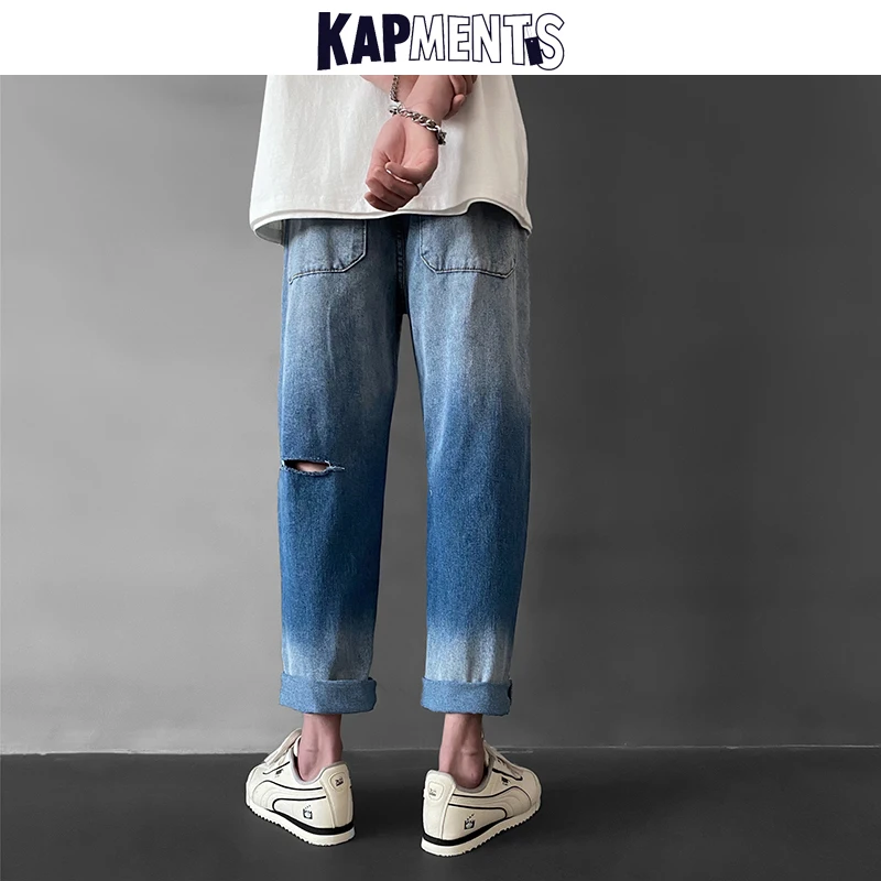 KAPMENTS Men Gradient Korean Hole Harem Jeans Pants 2023 Mens Streetwear Harajuku Baggy Blue Jeans Male Oversized Denim Joggers