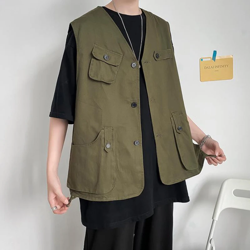 2021 Mens Fashion Tooling Vest Men Streetwear Cargo Vest Hip Hop Sleeveless Jacket Gilet Military Multi-Pocket Outdoors Coat