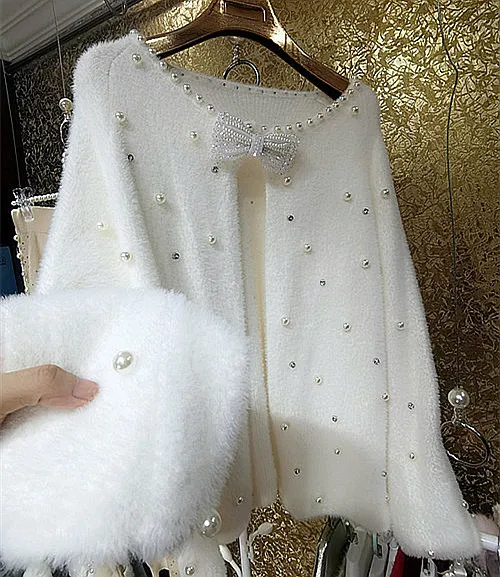 Super shinny rhinestones pearl sweater cardigan sweater women loose outwear