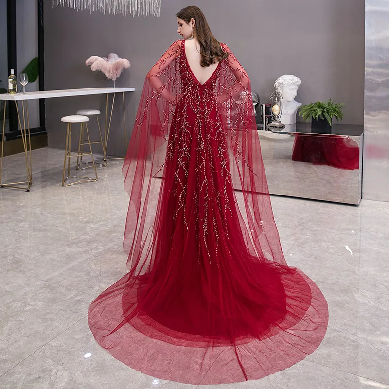 2020 neue Mode Wein Roten Abendkleid Kleider Lange Jewel Kragen EINE Linie Abendkleid Sexy V Zurück robe de soiree