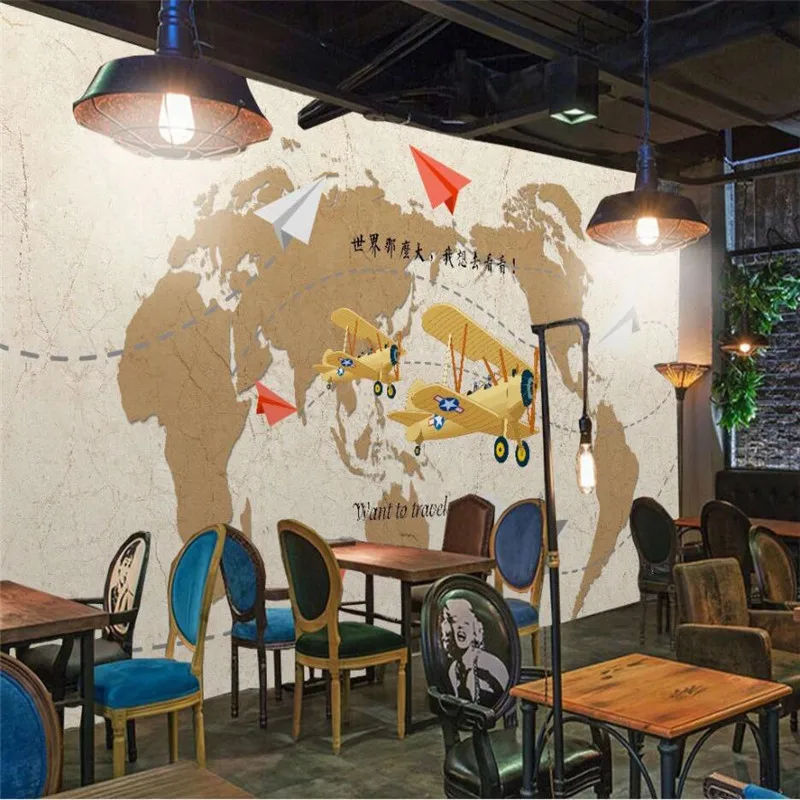 Retro World Map Airplane Mural Wall Papers Home Decor 3D Coffee Shop Restaurant Bar Industrial Decor Background Wallpaper 3D