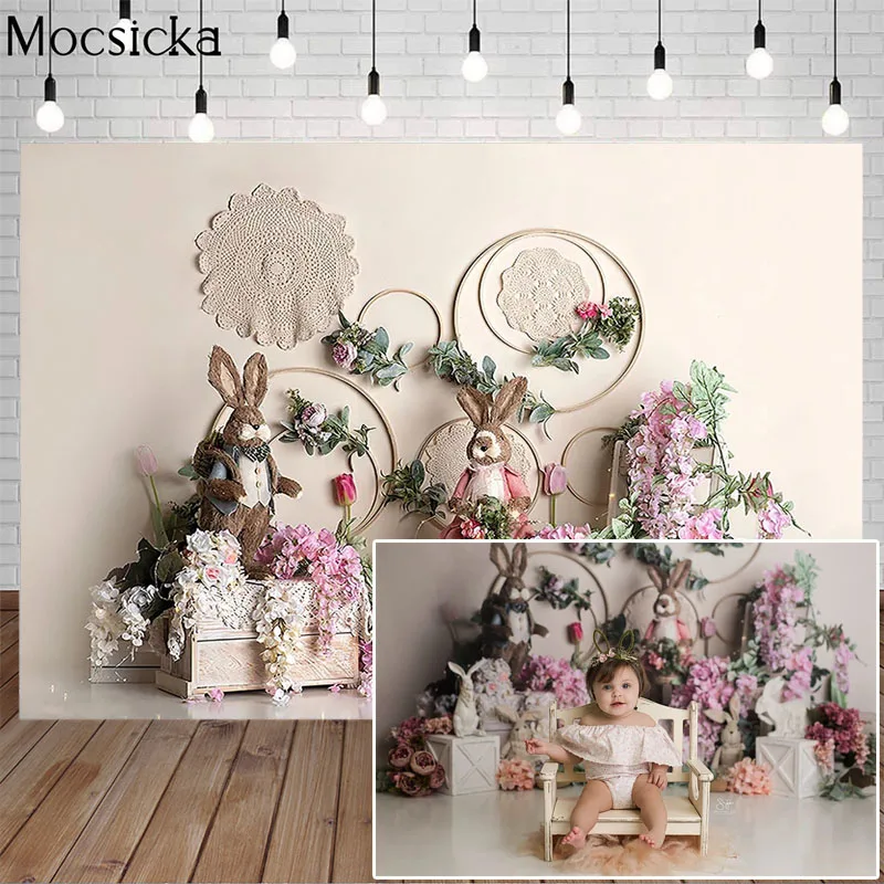 

Mocsicka Easter Bunny Spring Photography Background Fresh Flowers Backdrop Child Portrait Photo Party Decoration Props Studio