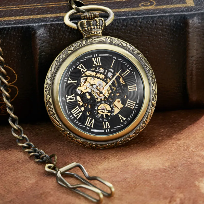 Vintage Mechanical Pocket Watch Hollow Phoenix Bird Roman Skeleton Clock Hand Winding Men Fob Chain Watches Double Case Clock