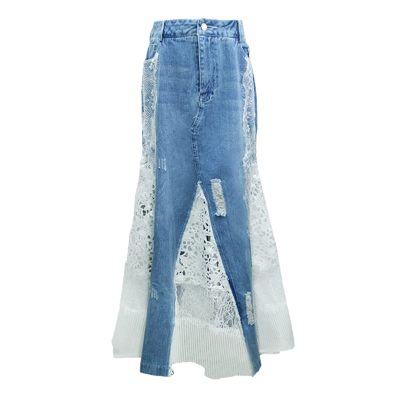 TIYIHAILEY Long Maxi Denim And Lace Fish Tail Skirt Women S-XL Mermaid Style High Waist Summer 2024 Fashion New Ladies Skirts