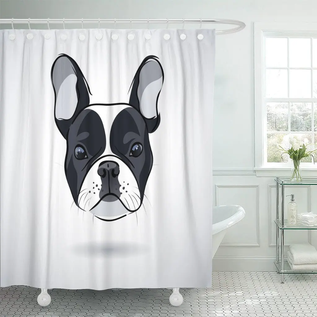 Gray Face French Bulldog Head Animal Black Brawny Breed Shower Curtain Polyester 72 x 78 inches Set with Hooks