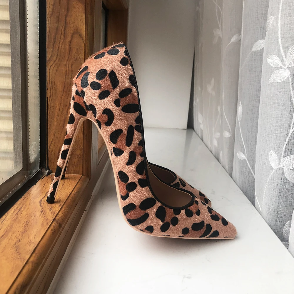 Tikicup Women Leopard Haircalf Pointy Toe High Heel Party Shoes Sexy Slip On Designer Ladies Stiletto Pumps 8cm 10cm 12cm