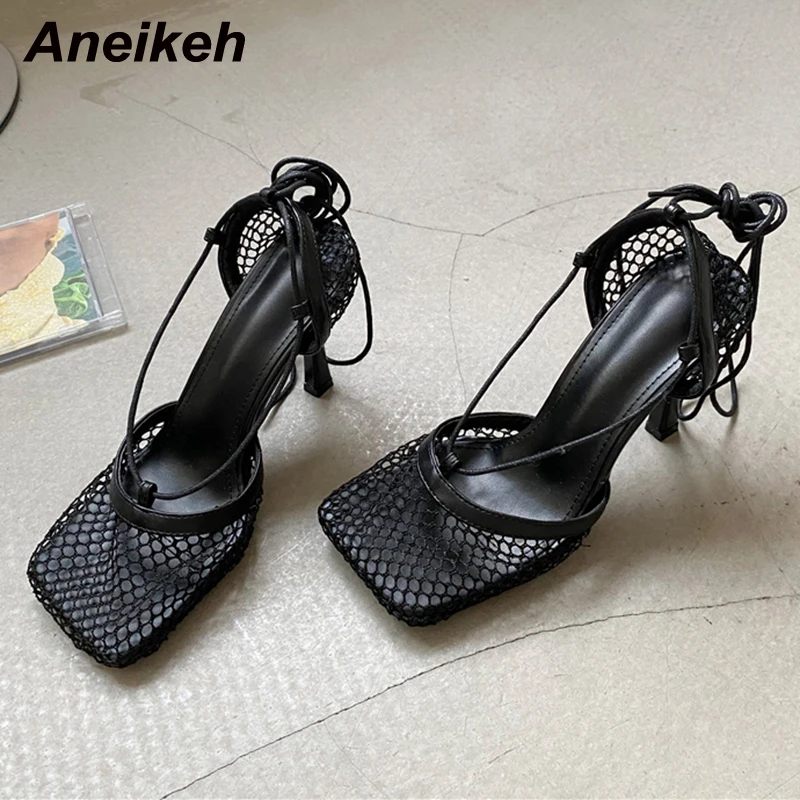 Aneikeh 2024 Stiletto Heels Mesh Fashion Sandals Square Toe Cross-Tied Shallow Concise Party Rome Solid Summer Shoes For Women