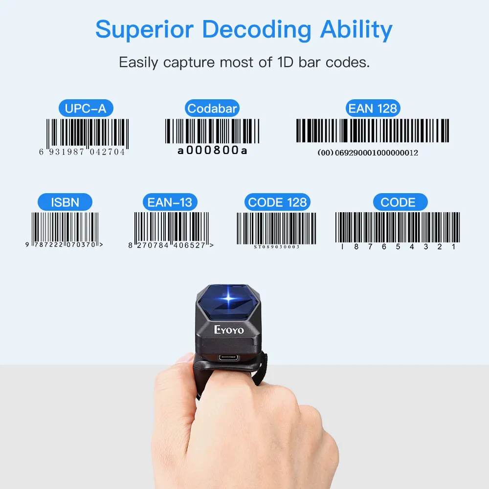 Eyoyo EY-016L 1D Wearable Ring Barcode Scanner Bluetooth 2.4GHz Wireless USB Wired Connection Mini Finger Bar Code Reader