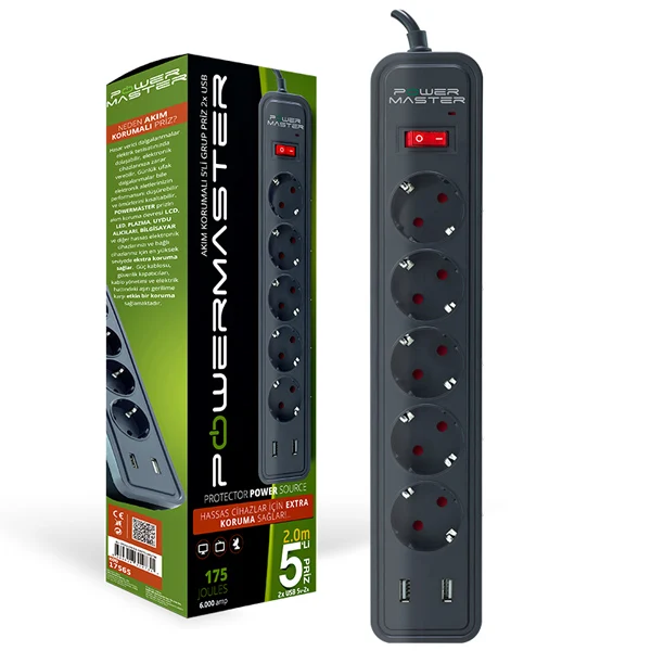 POWERMASTER PM-17565 2 USB OUTPUT 5Lİ 2 METRE WIRED CURRENT PROTECTED SOCKET (175 JOULE-16A-4000 WATT)