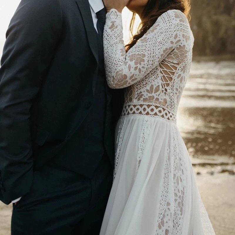 Vestido De novia bohemio De gasa, traje De encaje De manga larga, Espalda descubierta, largo hasta el suelo, cola De barrido