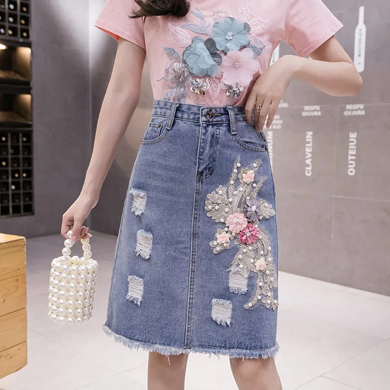 Women Summer 3D Embroidery Flower Set Short Sleeve T Shirt + Denim Skirt 2pcs 2021 New Fashion Women Sets XZ022