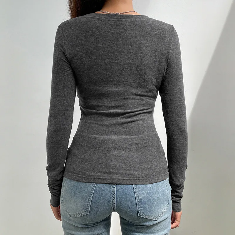 New T-shirt Women's Clothing Sexy Top Tight U-Neck Bottoming Shirt Long-Sleeved Edible Tree Fungus Trim Clavicle Top T-Shirt