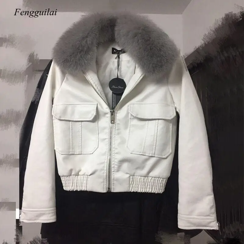 Große Hight Qualität Fuchs Pelz Kragen 2020 Neue Frauen Winter Warm Faux Leder Jacken Motorrad Pu Leder Jacke Weibliche Warme mäntel