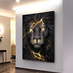 Wall Art Posters Black and Golden Light Lion Canvas Painting Modern Animal Picture for Living Room Home Decoration No Frame