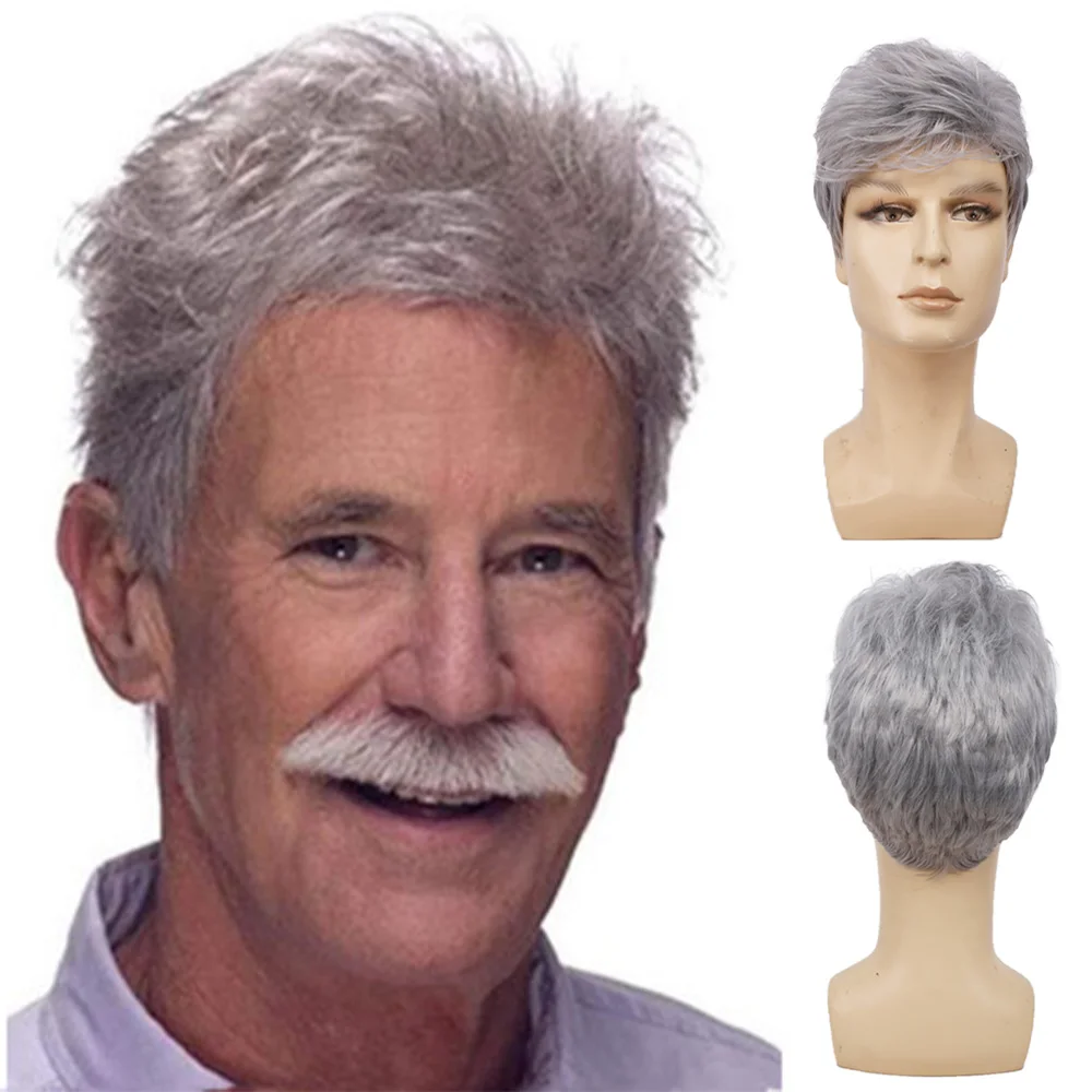 Amir Synthetic Short Ombre Sily Grey wig Striaght hair Wig for Men Male Hair Fleeciness Realistic  Hair Wigs