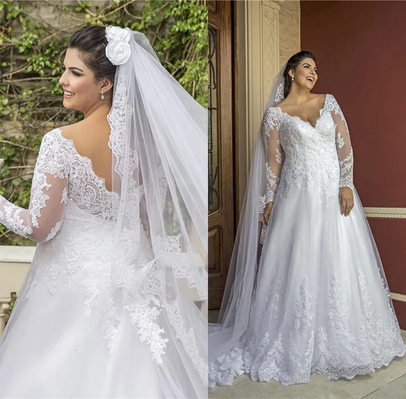 Laço vestidos de casamento tamanhos grandes decote em v mangas compridas vestidos de noiva sem costas ilusão corpete vestido de casamento personalizado