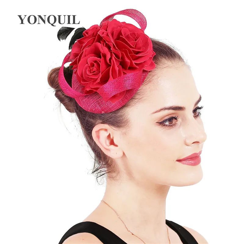 New Elegant Sinamay Fascinators Hat Flower Hair Accessories Navy Women Femme Wedding Millinery Derby Hats Headbands Headpiece