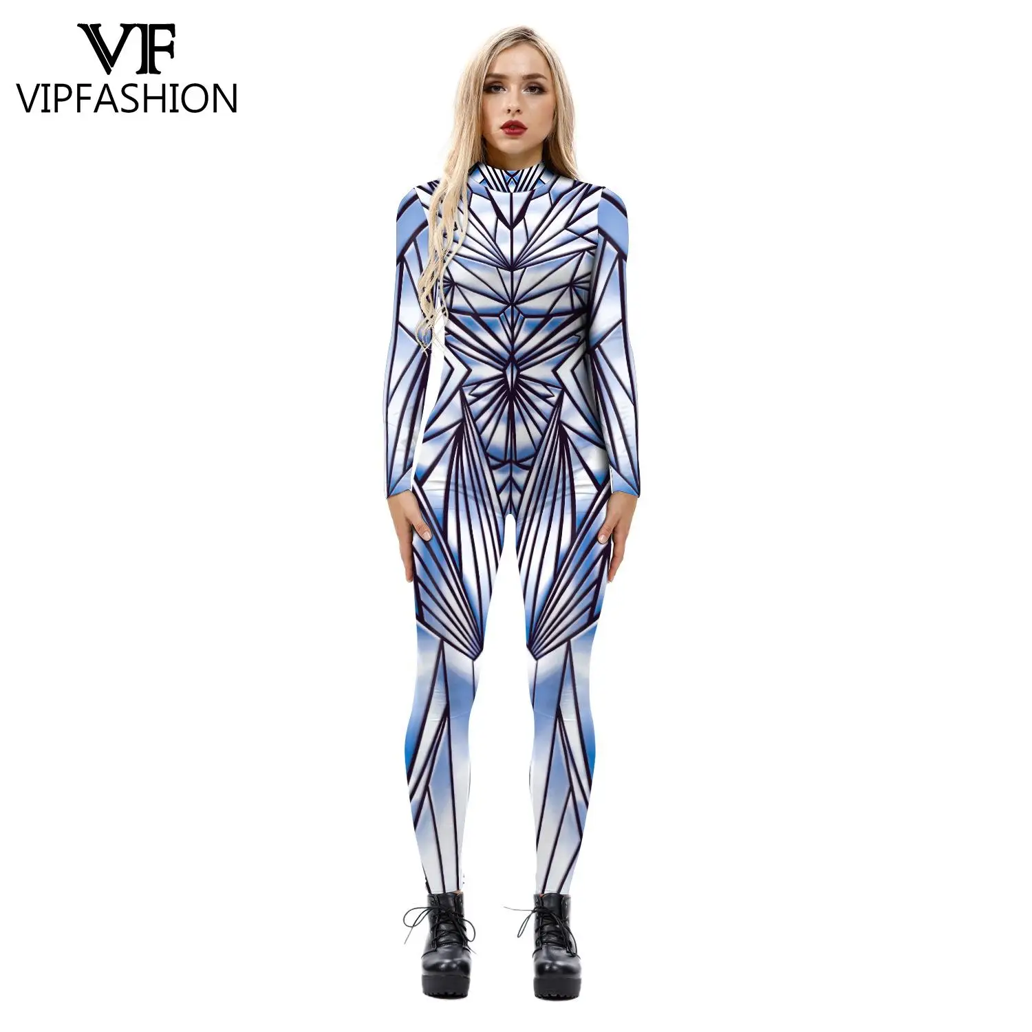 VIP FASHION Halloween Costume Skeleton Printed Jumpsuits Women's Gradient Colorful Cosplay Bodysuits Zentai Catsuit