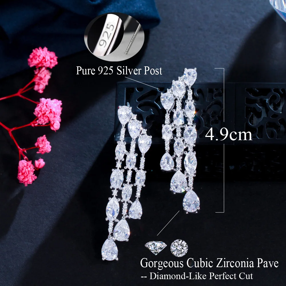 CWWZircons 3-reihige geometrische Wassertropfen-Micro-Zirkon-Pavé-Ohrringe für Damen, lange Hochzeits-, Braut-, Party- und Verlobungs-Ohrringe, Großhandel E0733 – Detail 1
