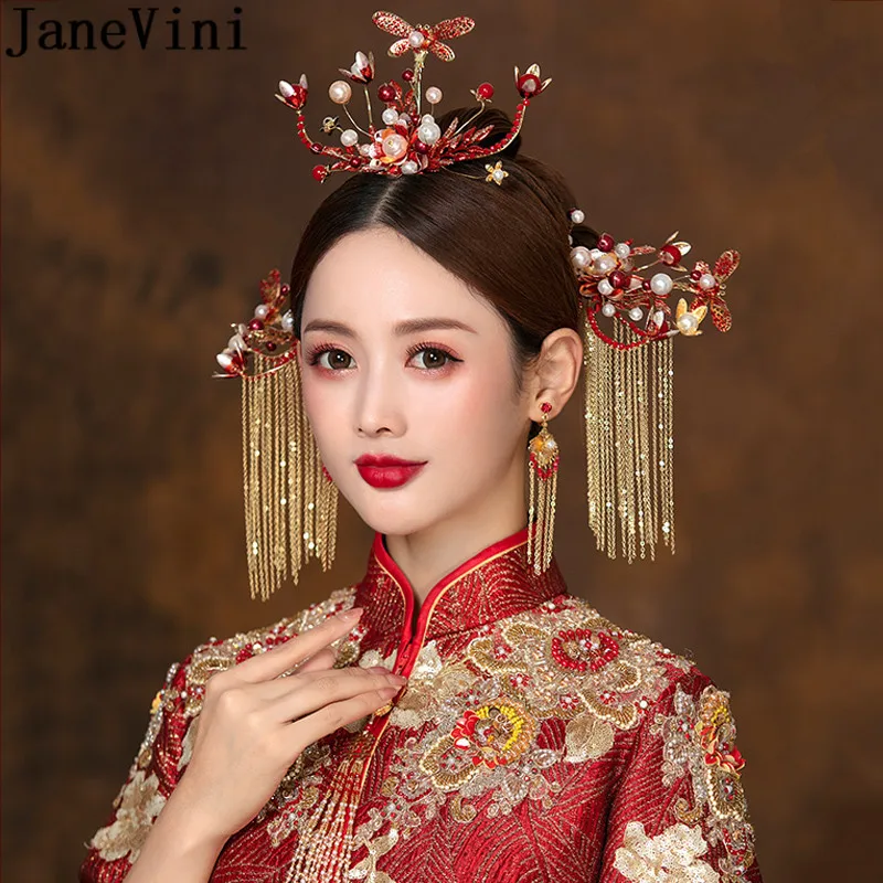 JaneVini Vintage Jewelry Chinese Headbands for Women Bride Headwear Red Pearls Flowers Tassel Dragonfly Hair Pins Earrings Set