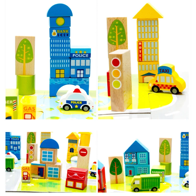 62 pezzi 3D Cartoon Building Block Giocattolo in legno Giocattolo educativo per l'apprendimento del bambino Giocattoli creativi per blocchi di traffico della città per bambini