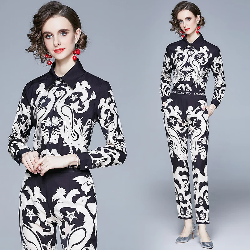 Autumn Fashion Runway Sets 2023 New Temperament Long Sleeve Printed Blouse + Pants Suit 2 Piece Lady Office Two Piece Outfit