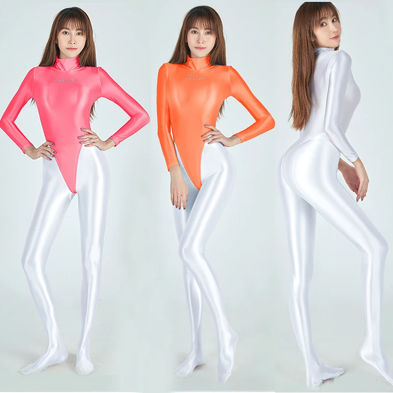 2pcs Satin Shiny One T-shape Swimsuit Body Suits Women Sexy Tight Back Zipper High Fork Long Sleeve Swimsuit Thong Bottom Pants