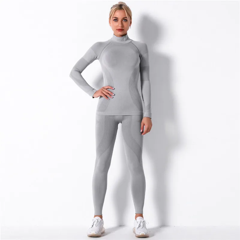 Ternos esportivos sem costura para mulheres, roupas de ginástica, treino, camisas de manga comprida, leggings de cintura alta, calças