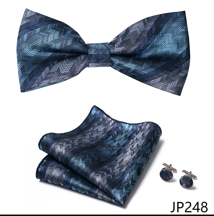 Great Quality Silver Office Butterfly Hanky Cufflink Set Bowtie For Men Geometric Hombre Formal Clothing