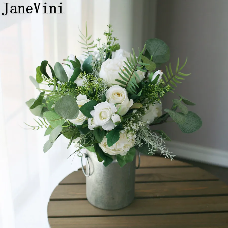 JaneVini Ins – fleurs artificielles De mariée, Bouquet De Mariage en soie d'eucalyptus vert et blanc, De style nordique