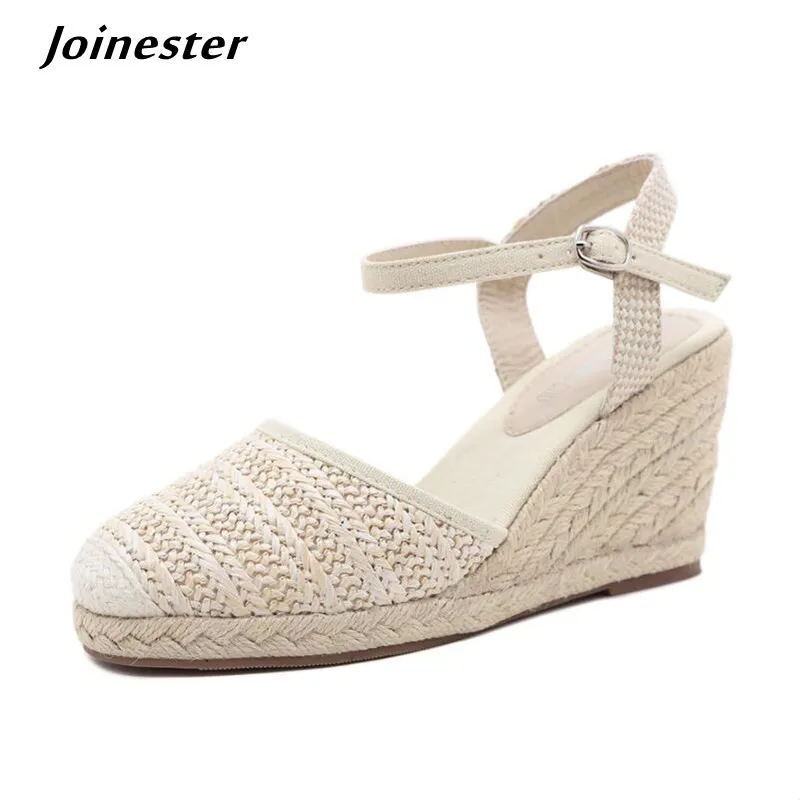 Straw Braided Women Wedge Sandals 2022 Summer Closed Toe Pumps for Ladies Ankle Strap Fisherman Shoes босоножки женские