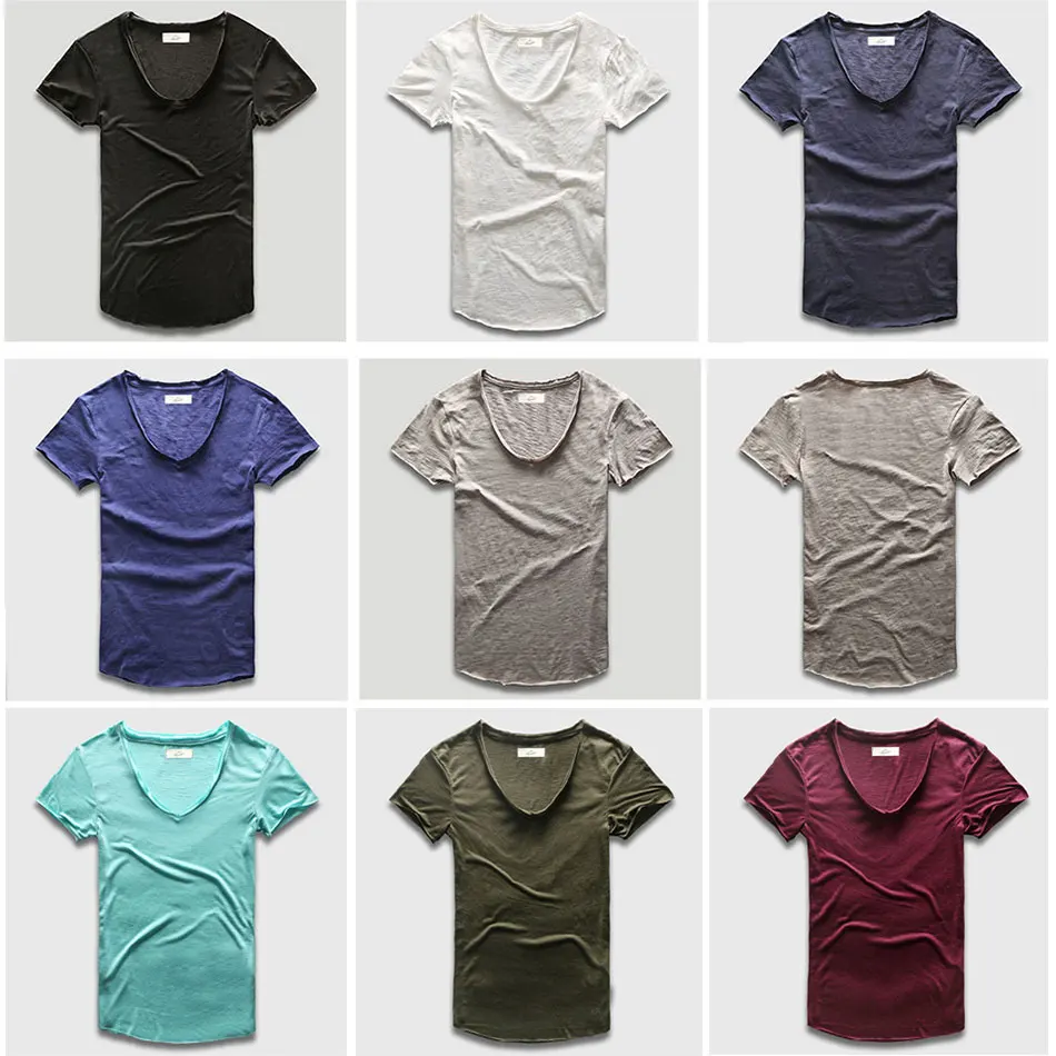 Zecmos Fashion Men T-Shirt With V Neck T Shirts For Men Male Luxury Cotton Plain Solid Curved Hem Top Tees Short Sleeve