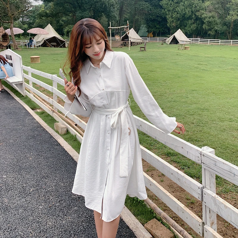 Midi Dress 2021 Autumn Korean New Turndown Collar Single-breasted Shirt Dress Waist Tie Bow Belt Long-sleeved Knee-length Dress