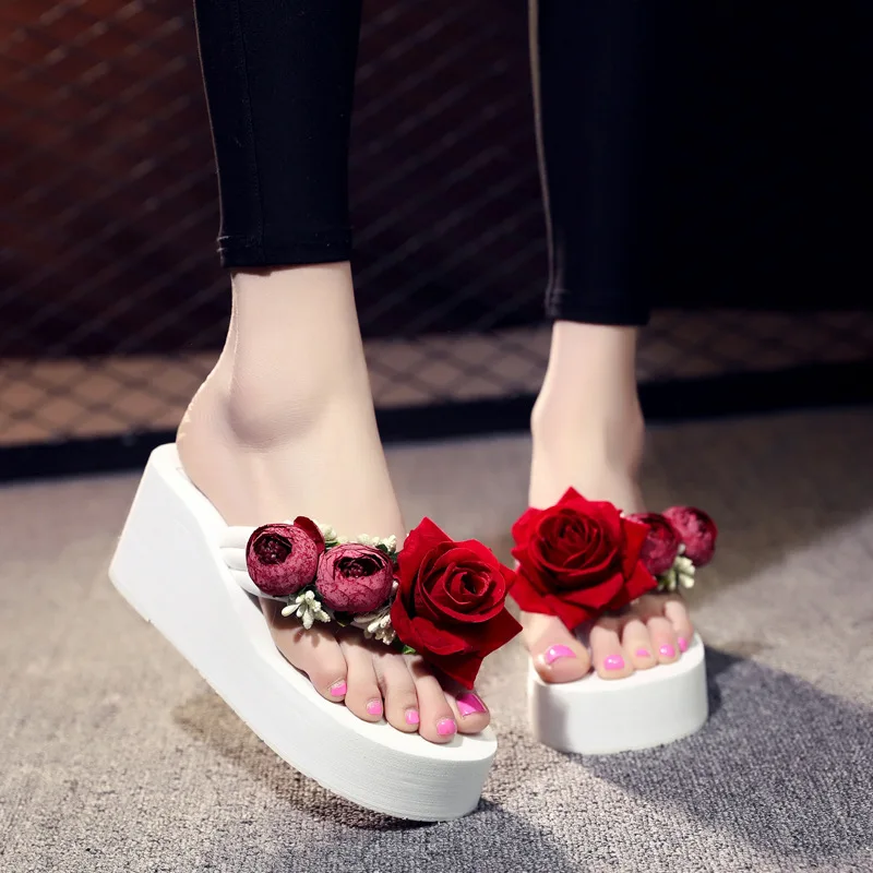 5cm High Heel Women\'s Summer Flowers Beach Shoes Fashion Clip Foot Wedge Heel Thick Platform Cute Sandals and Slippers Shoes