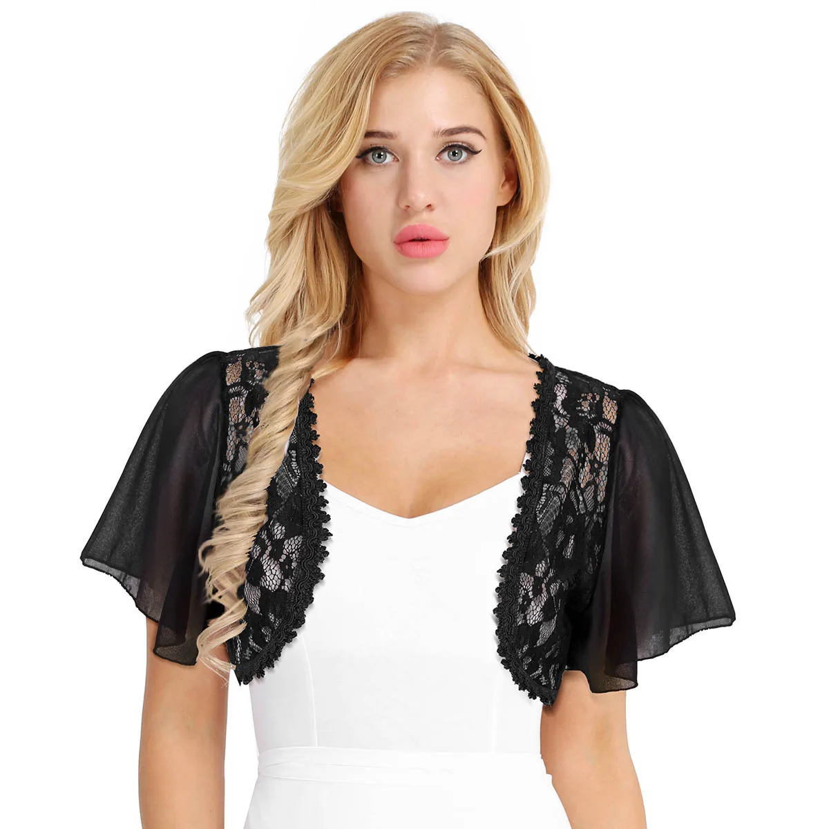 Women Bolero Black White Hollow Out Lace Elegant Ladies Shrug Short Bell Sleeve Cropped Jacket Shrug for Wedding Evening Prom