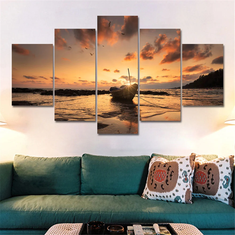 

Wall Art Canvas Painting Home Decoration Pictures 5 Panel Ship Boat Sunset Seascape Painting Room HD Printed Poster Frame