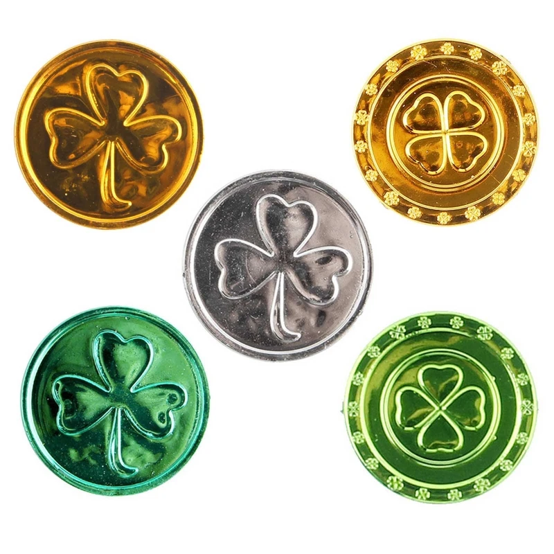 100Pcs Plastic Golden Coins Kids Gold Coins Toy Lucky Four Leaf Clover Coins Funny Playing Toys for Children Party