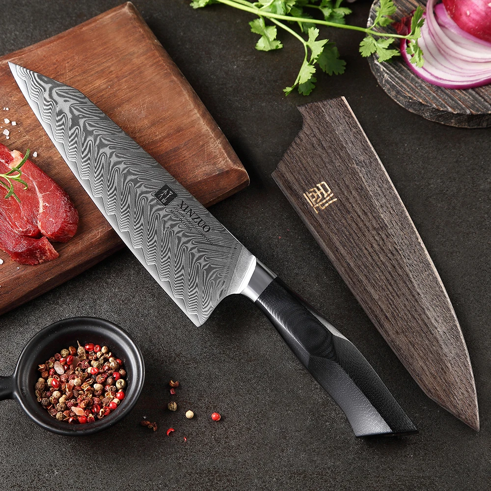 XINZUO 8.5\'\' Inches Chef Kitchen Knives Damascus Steel Vegetable Meat Knife with G10 + Mosaic Brass Rivet Handle Cooking Knife