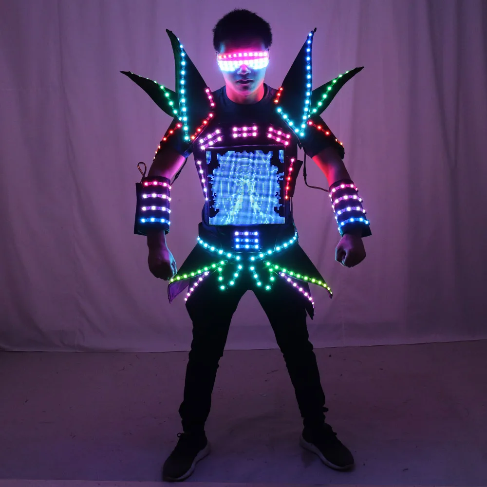 LED Robot Display Costumes Party Performance Wears Armor Suit Colorful Light Mirror Clothe Club Show Outfits Helmets Disco